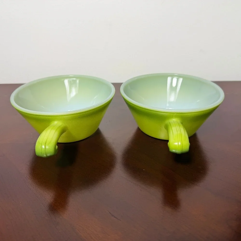 Vintage Fire King Green Ombre Handled Soup Bowls Set of 2 1960s Anchor Hocking